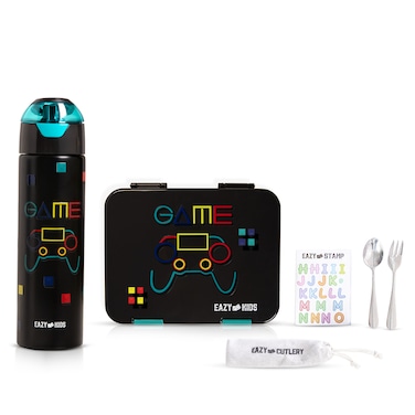 Eazy Kids 6 &amp; 4 Convertible Bento Lunch Box w/ Water Bottle, Steel Spoon &amp; Fork Set and Alphabets Sticker - Gamer
