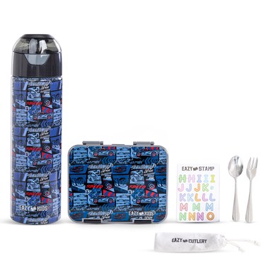 Eazy Kids 6 &amp; 4 Convertible Bento Lunch Box w/ Water Bottle, Steel Spoon &amp; Fork Set and Alphabets Sticker - Car Racing Blue