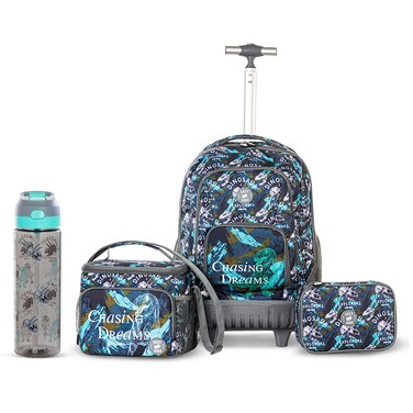 Eazy Kids 18" Set of 4 Trolley Backpack w/ Water Bottle, Lunch Bag and Pencil Case-T Rex
