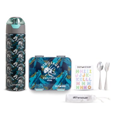 Eazy Kids 6 &amp; 4 Convertible Bento Lunch Box w/ Water Bottle, Steel Spoon &amp; Fork Set and Alphabets Sticker - T-Rex Grey