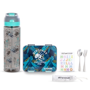 Eazy Kids 6 &amp; 4 Convertible Bento Lunch Box w/ Water Bottle, Steel Spoon &amp; Fork Set and Alphabets Sticker - T-Rex Grey