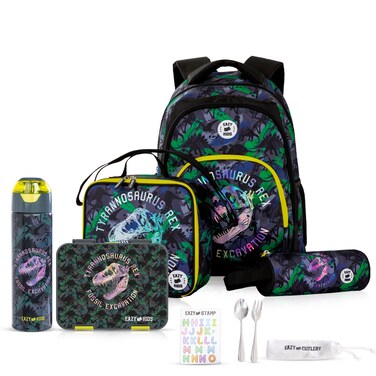 Eazy Kids 17" Set of 5 Backpack w/ Water Bottle, Lunch Box, Lunch Bag and Pencil Case - T-Rex