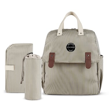 Little Story set of 3 Diaper Backpack with Changing Mat and Bottle Bag - Beige