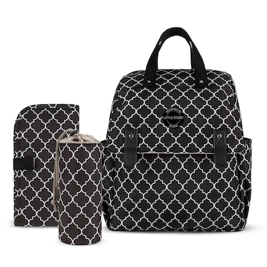 Little Story set of 3 Diaper Backpack with Changing Mat and Bottle Bag - Signature Black