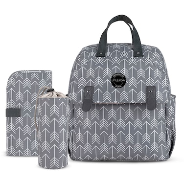 Little Story set of 3 Diaper Backpack with Changing Mat and Bottle Bag - Arrow Grey
