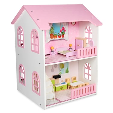 Little Story Wooden Dollhouse 2 floor Villa with Furniture &amp; Accessories - Pink