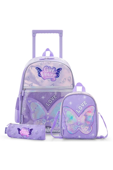 Eazy Kids 16&rdquo; Trolley School Bag Set of 3 with Wheels &ndash; Backpack, Lunch Bag &amp; Pencil Case w/ Laptop Compartment-Girl Power Purple