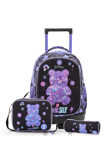 Eazy Kids 18&rdquo; Trolley School Bag Set of 4&ndash; Trolley Backpack, Lunch Bag, Pencil Case and Coin Purse w/ Laptop Compartment,Teddy Black