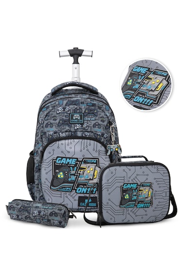 Eazy Kids 17&rdquo; 3-Piece Trolley School Backpack Set for Kids &ndash; Gaming Design with Lunch Bag &amp; Pencil Case, Grey
