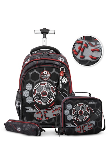 Eazy Kids 17&rdquo; 3-Piece Trolley School Backpack Set for Kids &ndash; Football Design with Lunch Bag &amp; Pencil Case, Black