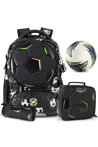 Eazy Kids Footballer Backpack with Shoe Compartment &ndash; FREE Football with Lunch Bag &amp; Pencil Case- Black