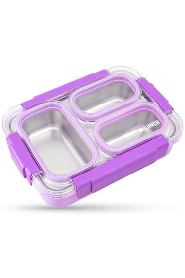 Eazy Kids Stainless Steel Lunch Box 710ml, 3 Compartment Leakproof Bento Box for Kids- Purple