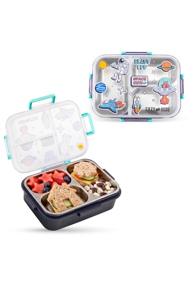 Eazy Kids 3 Compartment Stainless Steel bento Lunch Box - Space out 800ml - Blue
