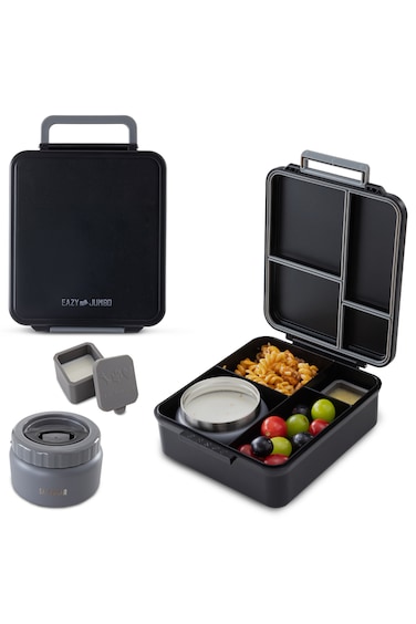 Eazy Kids Jumbo Bento Lunch Box w/Thermos &amp; Dip Jar- Midnight Black