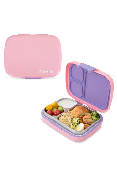 Eazy Kids Premium Stainless Steel Lunch Box 710ml &ndash; Leakproof 3-Compartment Lunch Box for Kids, Pink