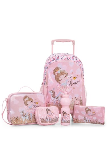 Eazy Kids Set of 5 Trolley 17" School Bag Combo - Ballet Pink