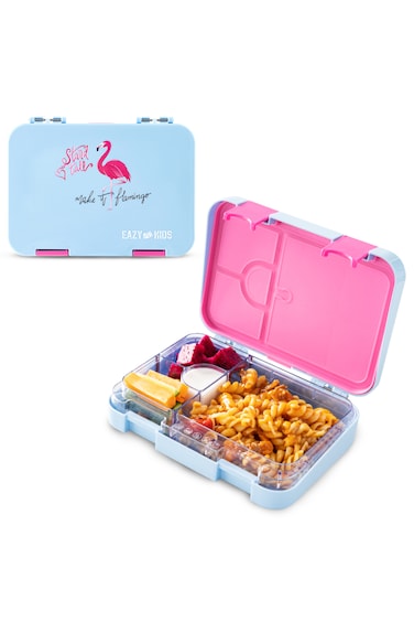 Eazy Kids 4 Compartment Bento Lunch Box &ndash; Leakproof BPA Free Food Container for Kids,  Flamingo Aqua