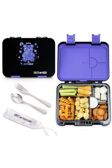 Eazy Kids 6 &amp; 4 Convertible Bento Lunch Box w/Steel Spoon &amp; Fork Set - Teddy Black