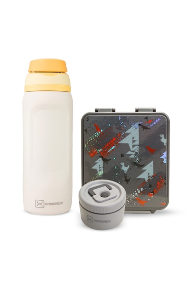 Hydrobrew Bento Lunch Box 1.74L w/ Steel Food Jar &amp; Sip Switch Water Bottle 1000ml   Leakproof Meal Box &ndash; Dinosaurs Grey