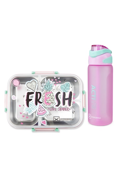 Hydrobrew Steel Core Bento Lunch Box 750ml w/ Sip Switch Tritan Water Bottle 1000ml   Leakproof 3 Compartment Meal Box &ndash; Fresh Pink
