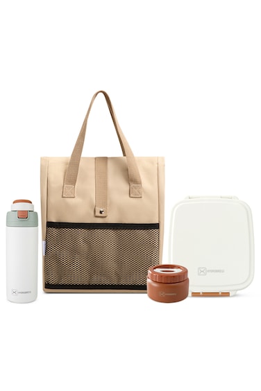 Hydrobrew Steel Core Bento Lunch Box 839ml w/ Lunch Bag &amp; Bottle &ndash; Leakproof Set Ivory Terracotta