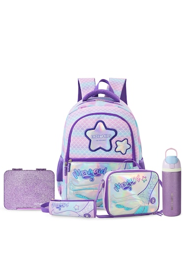 Eazy Kids 16&rdquo; School Bag Set of 3 w/ Stainless Steel Glitter Water Bottle &amp; Convertible Bento Lunch Box &ndash; Purple