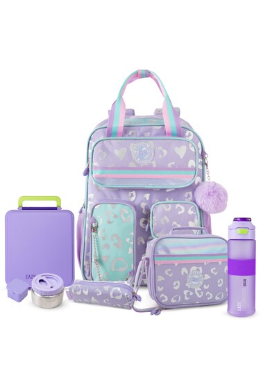 Eazy Kids 17&rdquo; School Backpack Set w/ Tritan Water Bottle &amp; Jumbo Bento Lunch Box &ndash; Purple