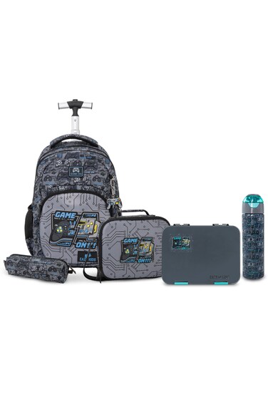 Eazy Kids 17&rdquo; Trolley School Backpack Set w/ Convertible Bento Lunch Box &amp; Insulated Water Bottle &ndash; Gamer Grey