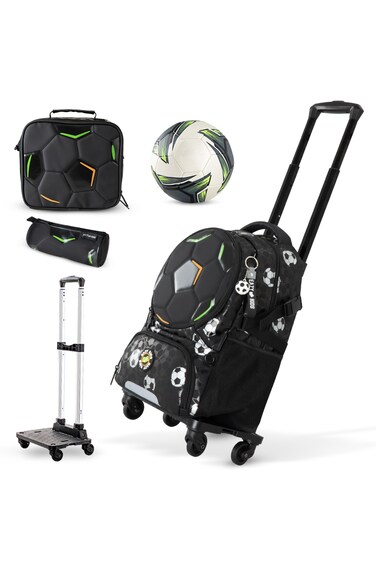 Eazy Kids Footballer Backpack Set w/ Complimentary Football &amp; 4-Wheel School Bag Trolley &ndash; Black