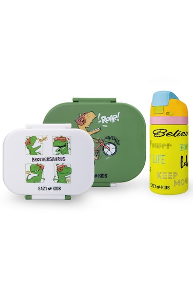Eazy Kids Bento Lunch Box Set of 2 w/ Stainless Steel Water Bottle 445ml &ndash; Dino Green