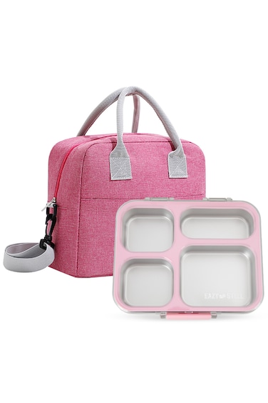 Eazy Kids Stainless Steel Bento Lunch Box 945ml w/ Insulated Lunch Bag &ndash; Pink