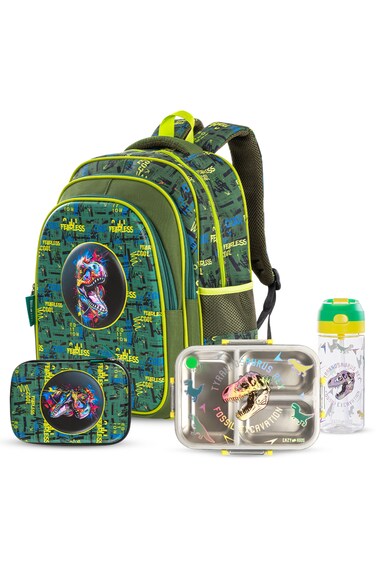 Eazy Kids Dino School Bag Set w/ Bento Lunch Box &amp; Spray Water Bottle &ndash; Green