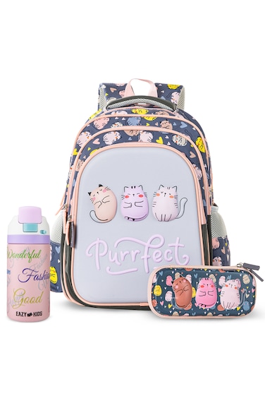 Eazy Kids Purfect School Bag Set w/ Stainless Steel Water Bottle &ndash; Grey