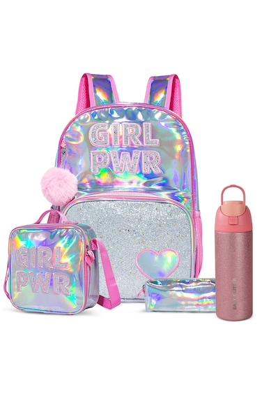 Eazy Kids Girl Power School Bag Set w/ Glitter Stainless Steel Water Bottle &ndash; Pink