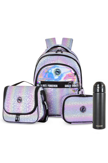 Eazy Kids Good Vibes School Bag Set w/ Insulated Spray Water Bottle &ndash; Silver