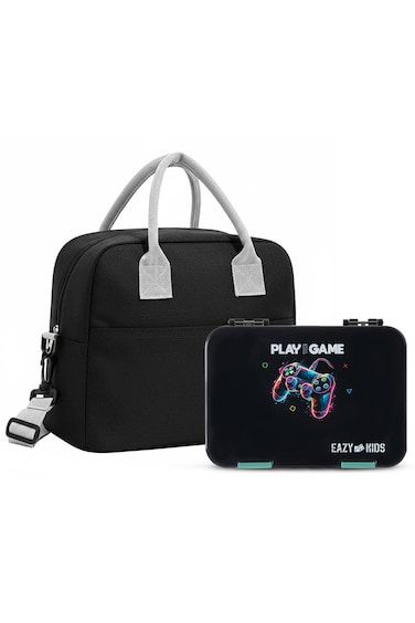 Eazy Kids 4 Compartment Bento Lunch Box w/ Insulated Lunch Bag &ndash; Gamer Black
