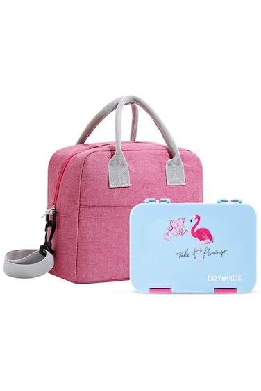 Eazy Kids 4 Compartment Bento Lunch Box w/ Insulated Lunch Bag &ndash; Flamingo Aqua