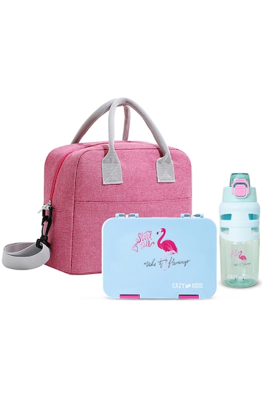 Eazy Kids 4 Compartment Bento Lunch Box w/ Insulated Lunch Bag &amp; Water Bottle 750ml &ndash; Flamingo Aqua