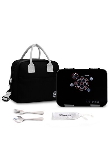 Eazy Kids Convertible Bento Lunch Box w/ Insulated Lunch Bag &ndash; Football Black