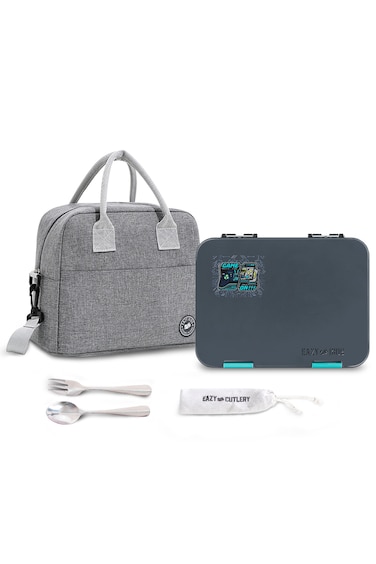 Eazy Kids Convertible Bento Lunch Box w/ Insulated Lunch Bag &ndash; Game ON Grey
