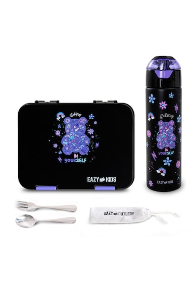 Eazy Kids Convertible Bento Lunch Box w/ Insulated Stainless Steel Water Bottle 640ml &ndash; Teddy Black