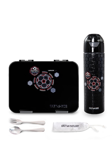 Eazy Kids Convertible Bento Lunch Box w/ Insulated Stainless Steel Water Bottle 640ml &ndash; Football Black