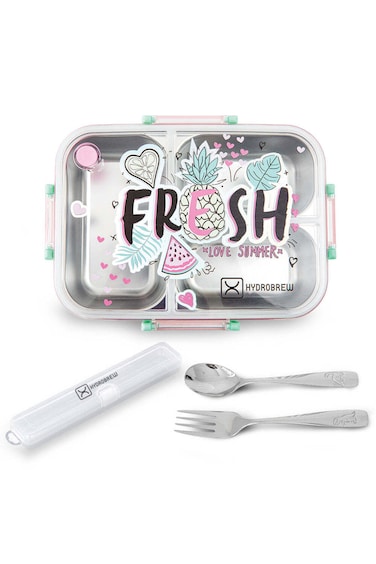 Hydrobrew Steel Core 3 Compartment Lunch Box w/ Stainless Steel Cutlery Set &ndash; Fresh Pink