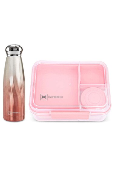 Hydrobrew 3/4/5 Convertible Bento Lunch Box 1650ml w/ Double Wall Stainless Steel Water Bottle 420ml &ndash; Blush Pink
