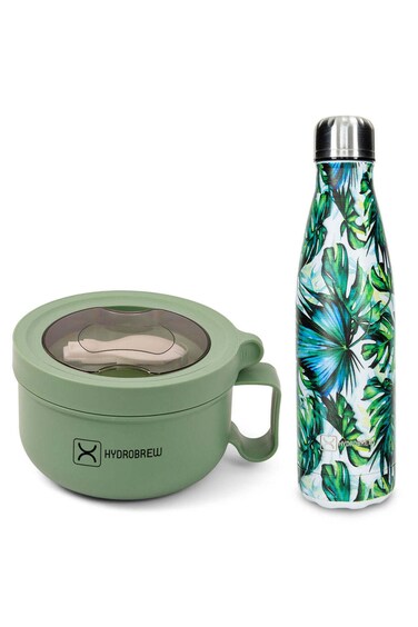 Hydrobrew Lunch Box 850ml w/ Double Wall Stainless Steel Water Bottle 500ml &ndash; Green