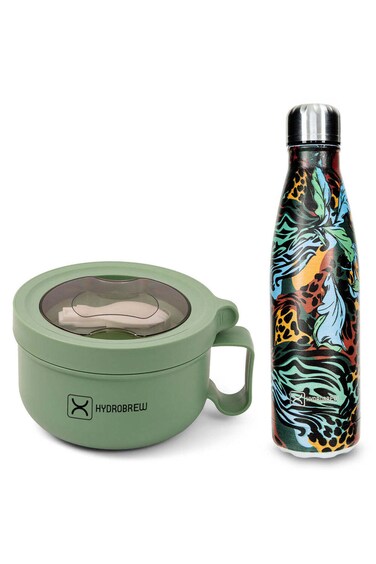 Hydrobrew Lunch Box with Folding Spoon &amp; Double Wall Stainless Steel Water Bottle 500ml &ndash; Green