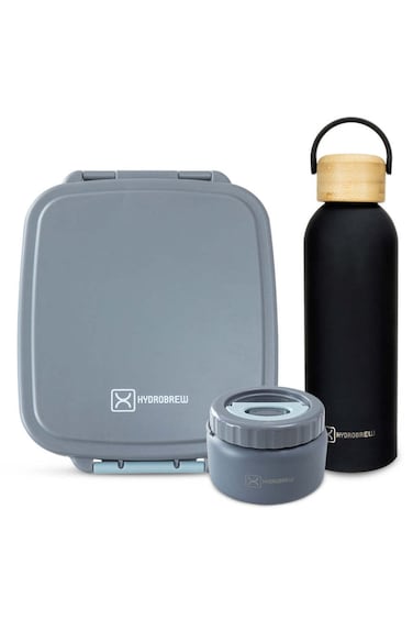 Hydrobrew Mega Flex Bento Lunch Box 1864ml &amp; Double Wall Stainless Steel Water Bottle 500ml &ndash; Graphite