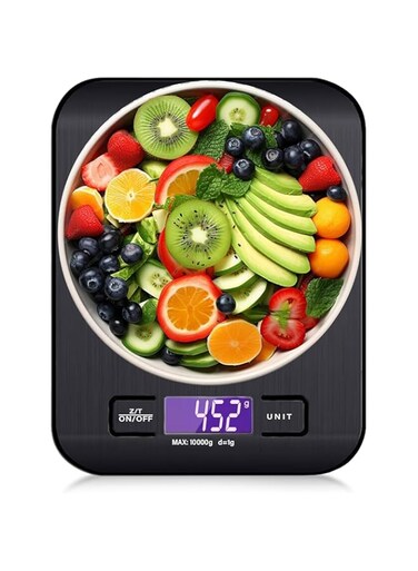 ALIF BIZ LLC -FZ Digital Multifunctional Kitchen Scale Up to 10kg Capacity High Accuracy Ultra Slim Stainless Steel Platform With Touch Button Large LCD Display (Black)