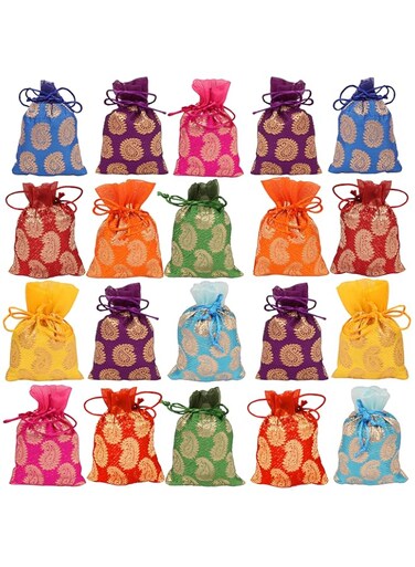 Touchstone Drawstring Bags Traditional Indian Handcrafted in Paisley Pattern Brocade fabric. Perfect for Gifts Jewelry Weddings Sweet Distribution Set of 20 Vibrant Multicolor Pouches Purses.