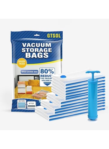 13 Pack Vacuum Storage Bags (2 Jumbo, 2 Large, 2 Medium, 6 Small , 1 hand pump ) Reusable Compression Bags for Travel &amp; Closet Organization